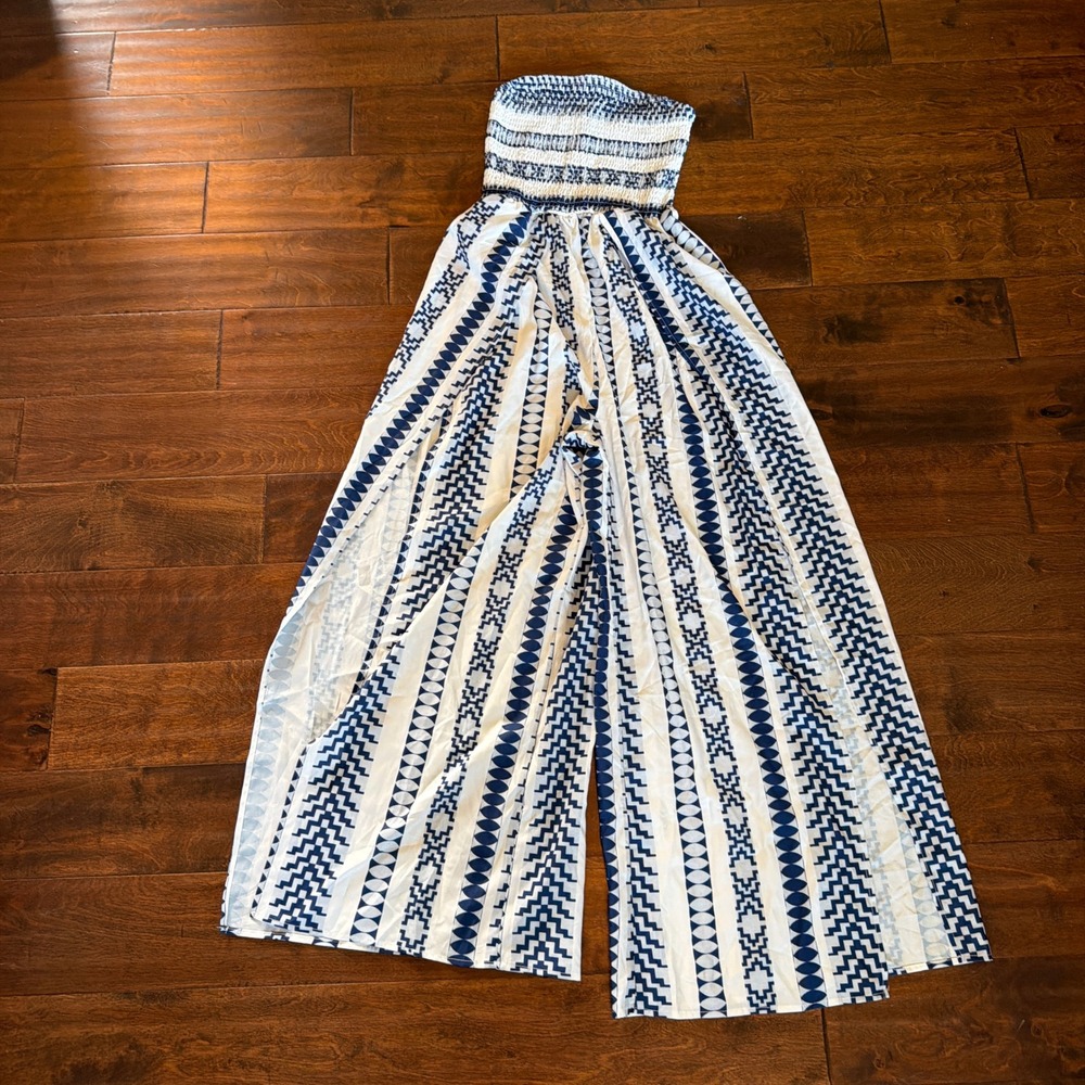 Shein Blue White Geometric Smocked Tube Top Wide Leg Slit Jumpsuit Small Boho